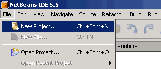 NetBeans IDE with the File | New Project menu item selected.