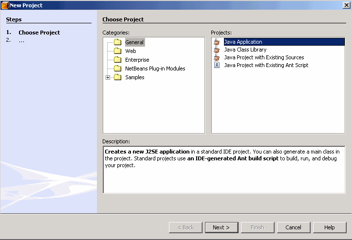 NetBeans IDE, New Project wizard, Choose Project page.