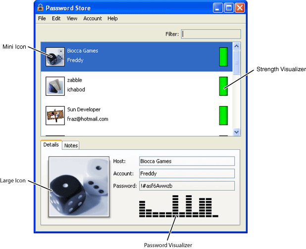 This picture of PasswordStore shows the whizzy graphics used.