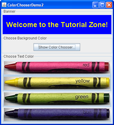 A snapshot of ColorChooserDemo, which contains a custom color chooser.