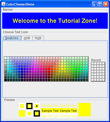 A snapshot of ColorChooserDemo, which contains a standard color chooser.