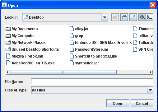 A standard open dialog shown in the Java look and feel