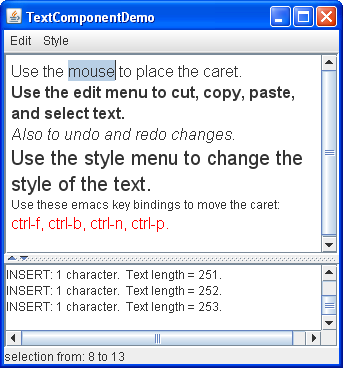 A snapshot of TextComponentDemo, which contains a customized text pane and a standard text area