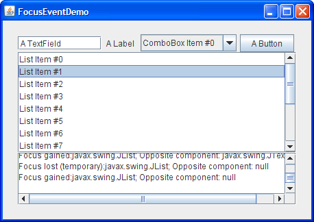 The Focus Event Window, which demonstrates the events that are fired when the keyboard focus changes.