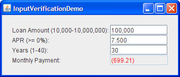 The InputVerificationDemo example, which demonstrates