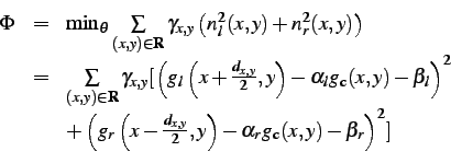 \begin{displaymath}\begin{array}{lll} \Phi & = & \min_{\boldmath {\theta}}\sum\... ...- \alpha_2 g_\mathrm{c}(x,y) - \beta_2 \right)^2] \end{array}\end{displaymath}