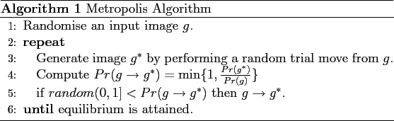 \begin{algorithm}
% latex2html id marker 1438\caption{Metropolis Algorithm}
\b...
...w {g}^{\ast}$. \UNTIL{equilibrium is attained.}
\end{algorithmic}\end{algorithm}