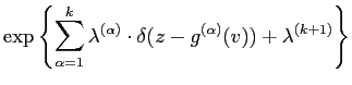 $\displaystyle \exp\left\{ \sum_{\alpha =1}^{k}
\lambda^{(\alpha)} \cdot
\delta(z-{g}^{(\alpha)}(v))+ \lambda^{(k+1)}\right\}$