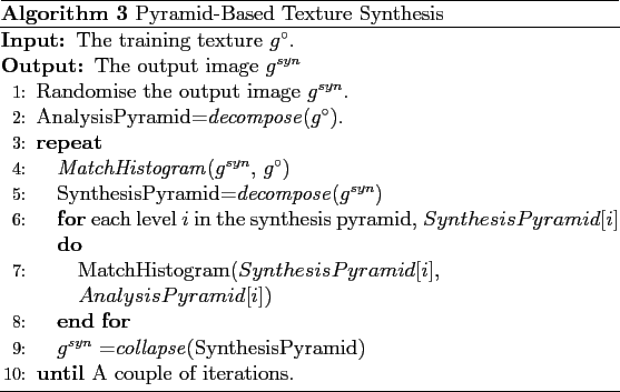 \begin{algorithm}
% latex2html id marker 1939\caption{Pyramid-Based Texture Sy...
...thesisPyramid)}
\UNTIL{A couple of iterations.}
\end{algorithmic}\end{algorithm}